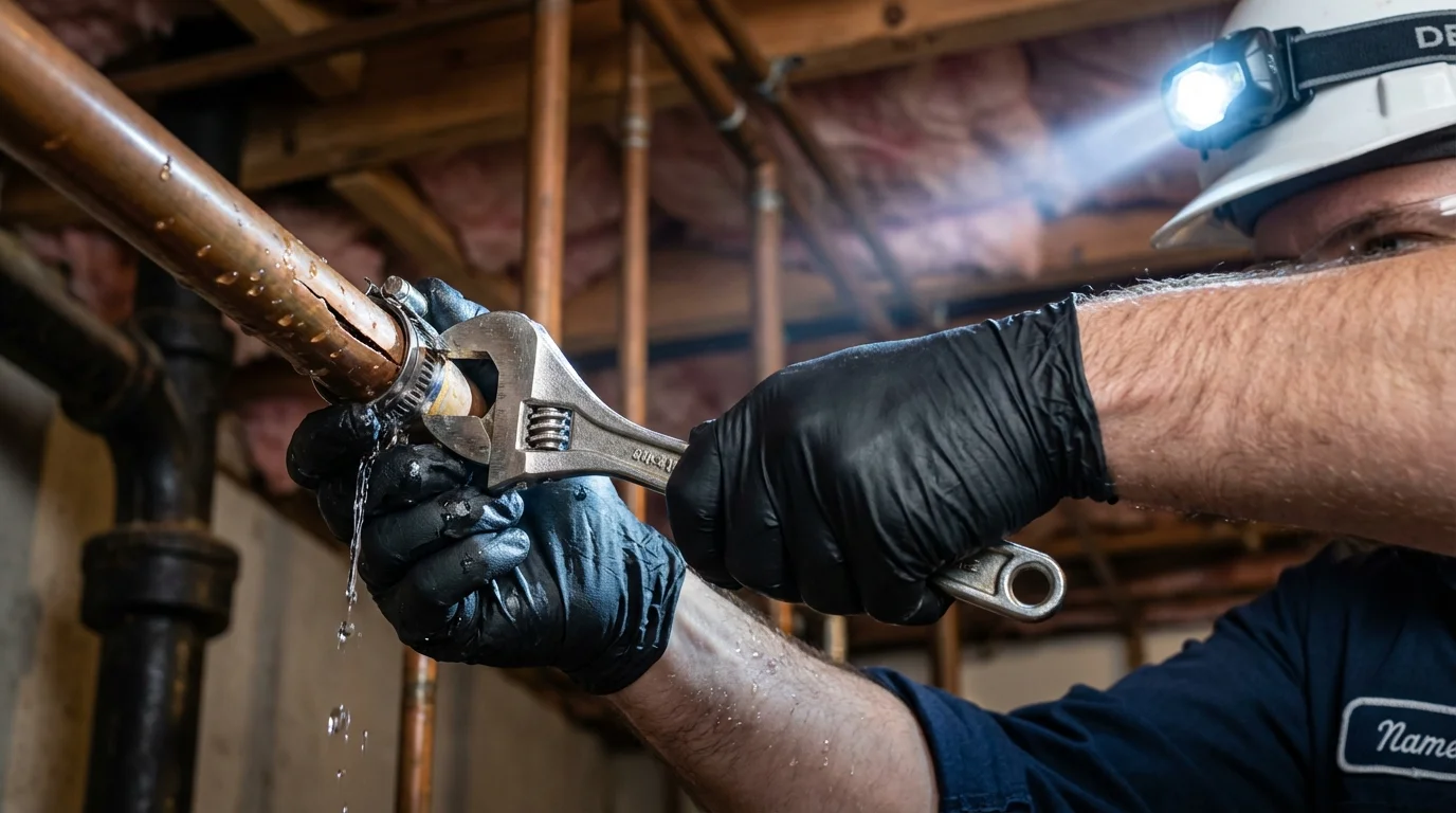 Emergency pipe clamp repair being performed by a Johns Plumbing LLC plumber in Minooka