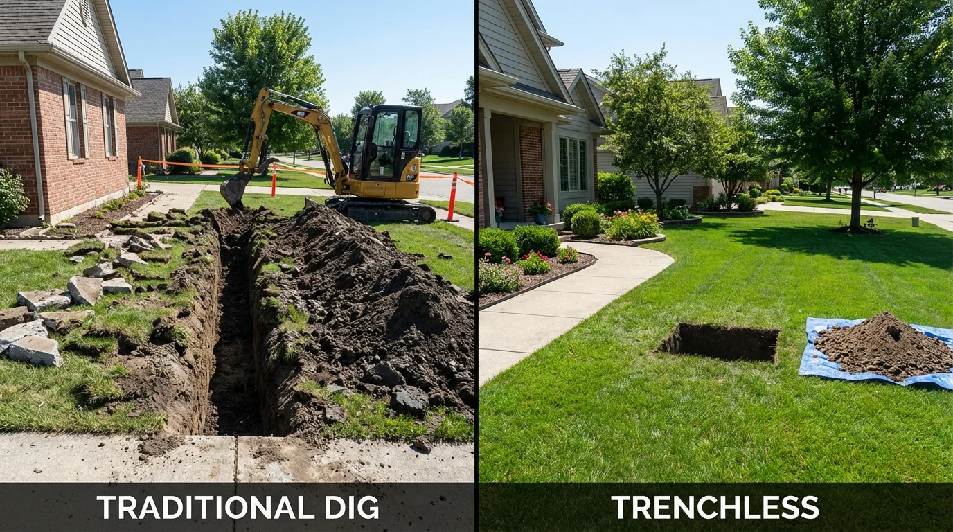 Trenchless sewer repair with minimal yard damage versus traditional excavation in Minooka, IL