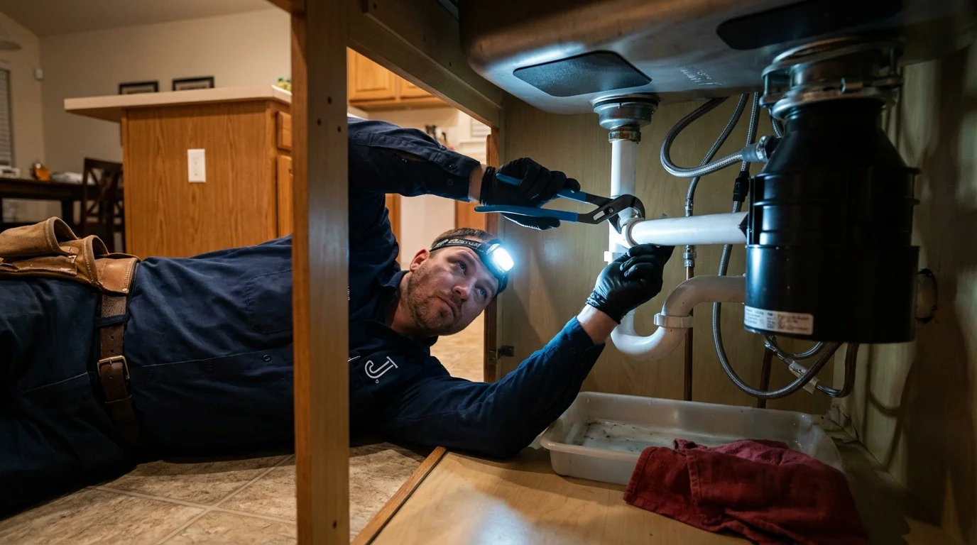 P-trap and supply line connections under a kitchen sink showing a common leak point in Minooka, IL
